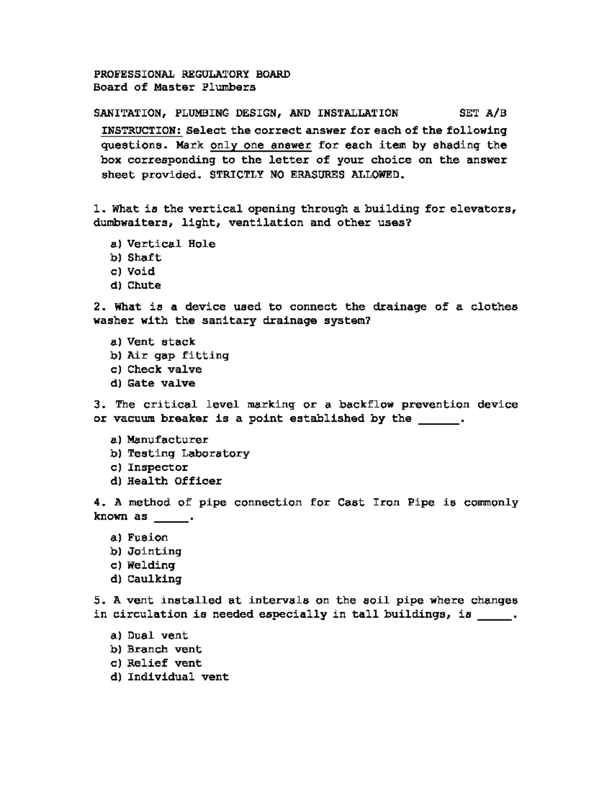 SPDI - Master Plumbers Sanitation & Plumbing Design Exam Questions ...