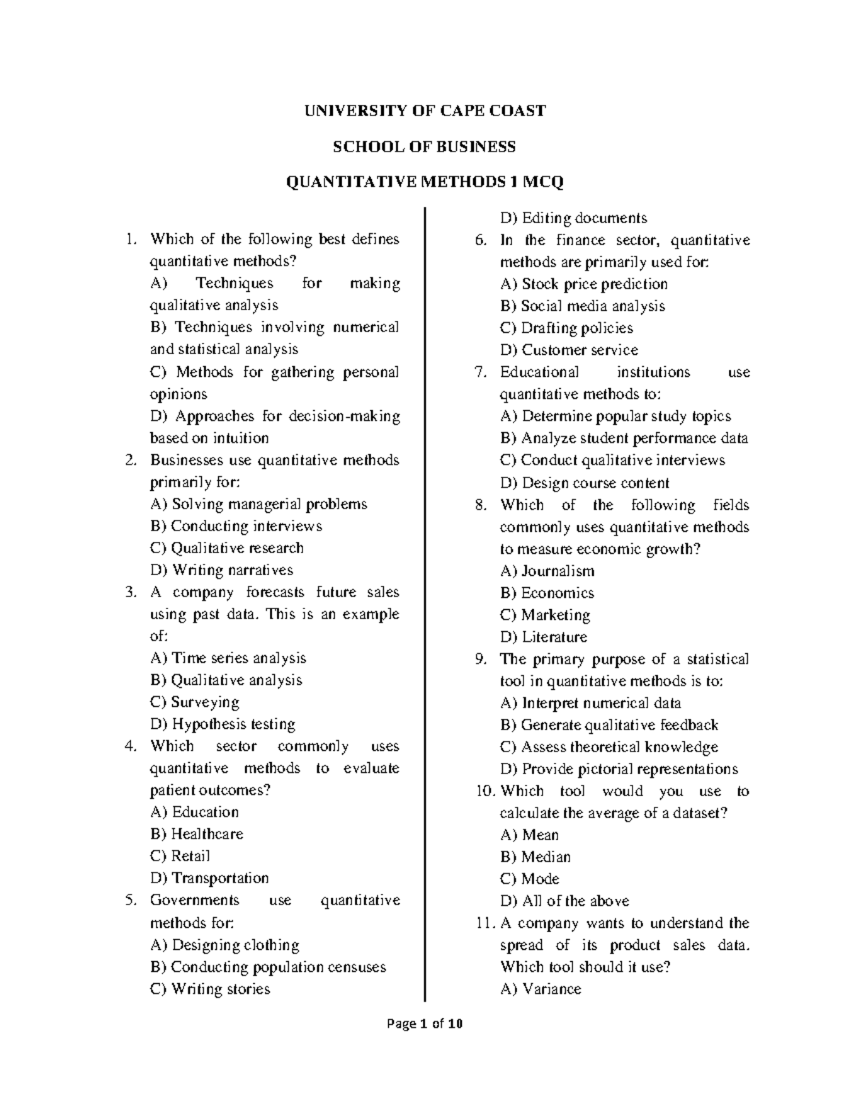 Quantitative Methods 1 MCQ Session 1 - UCC School of Business - Studocu