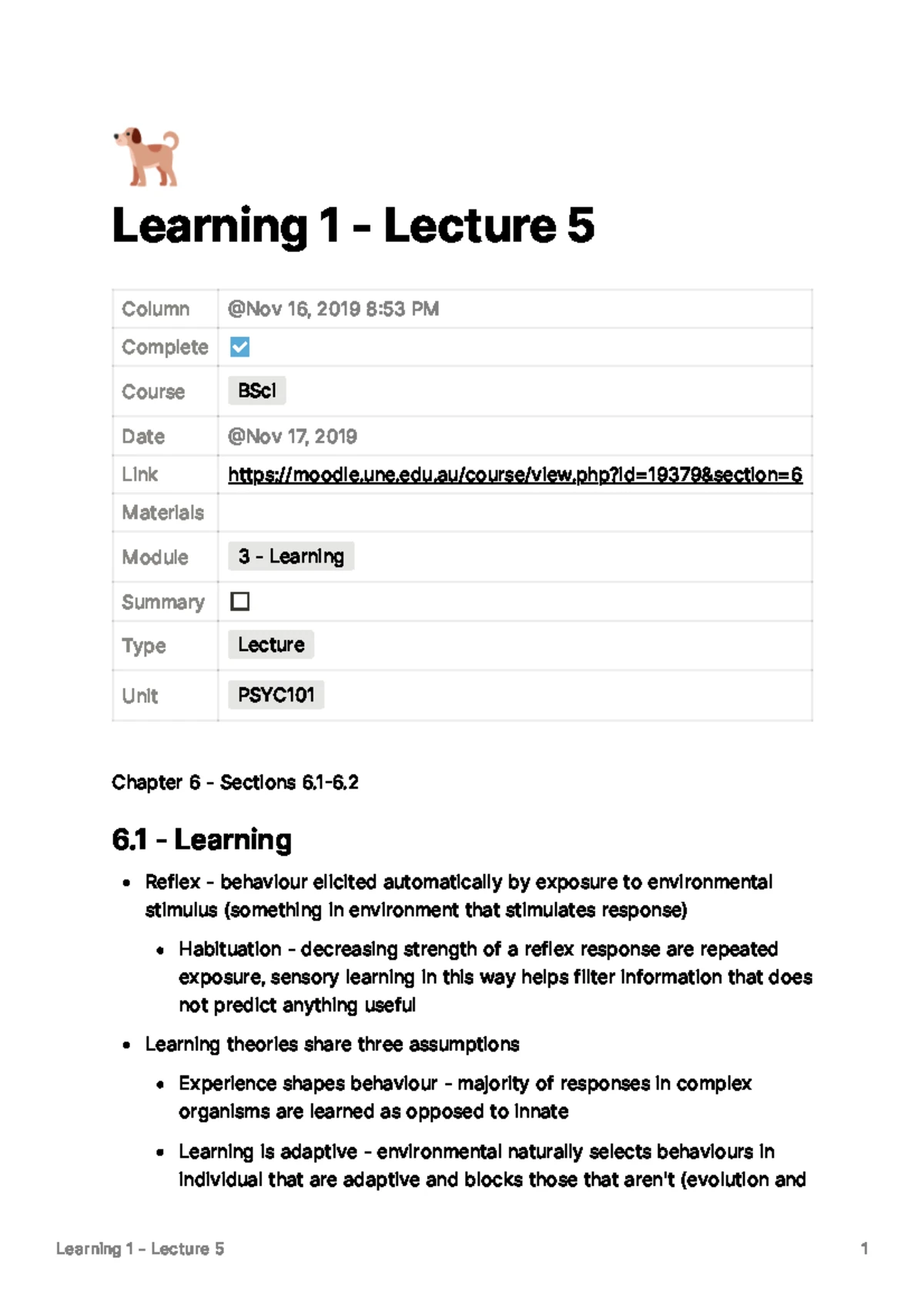PSYC101 Week 5 Lecture Notes: Learning Theories and Conditioning - Studocu