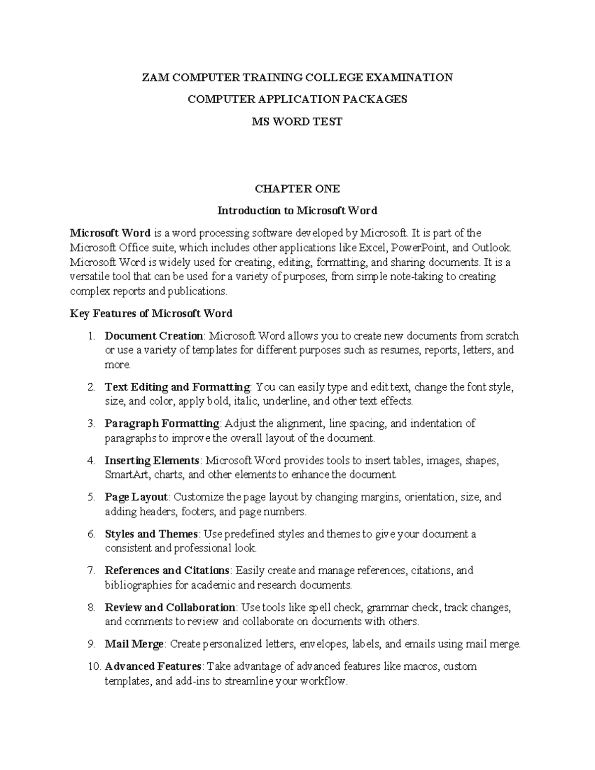 ZAM Computer Training College Exam: MS Word Test Chapter 1 & 2 - Studocu