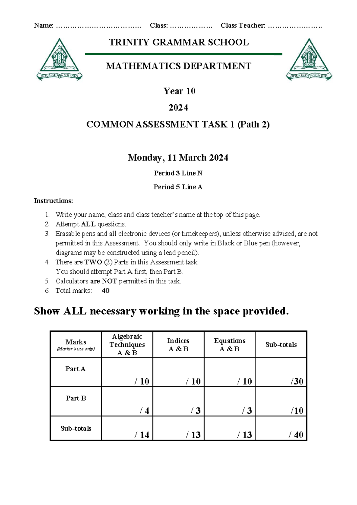 2024 Year 10 Mathematics Common Assessment Task 1 (Path 2) - Studocu