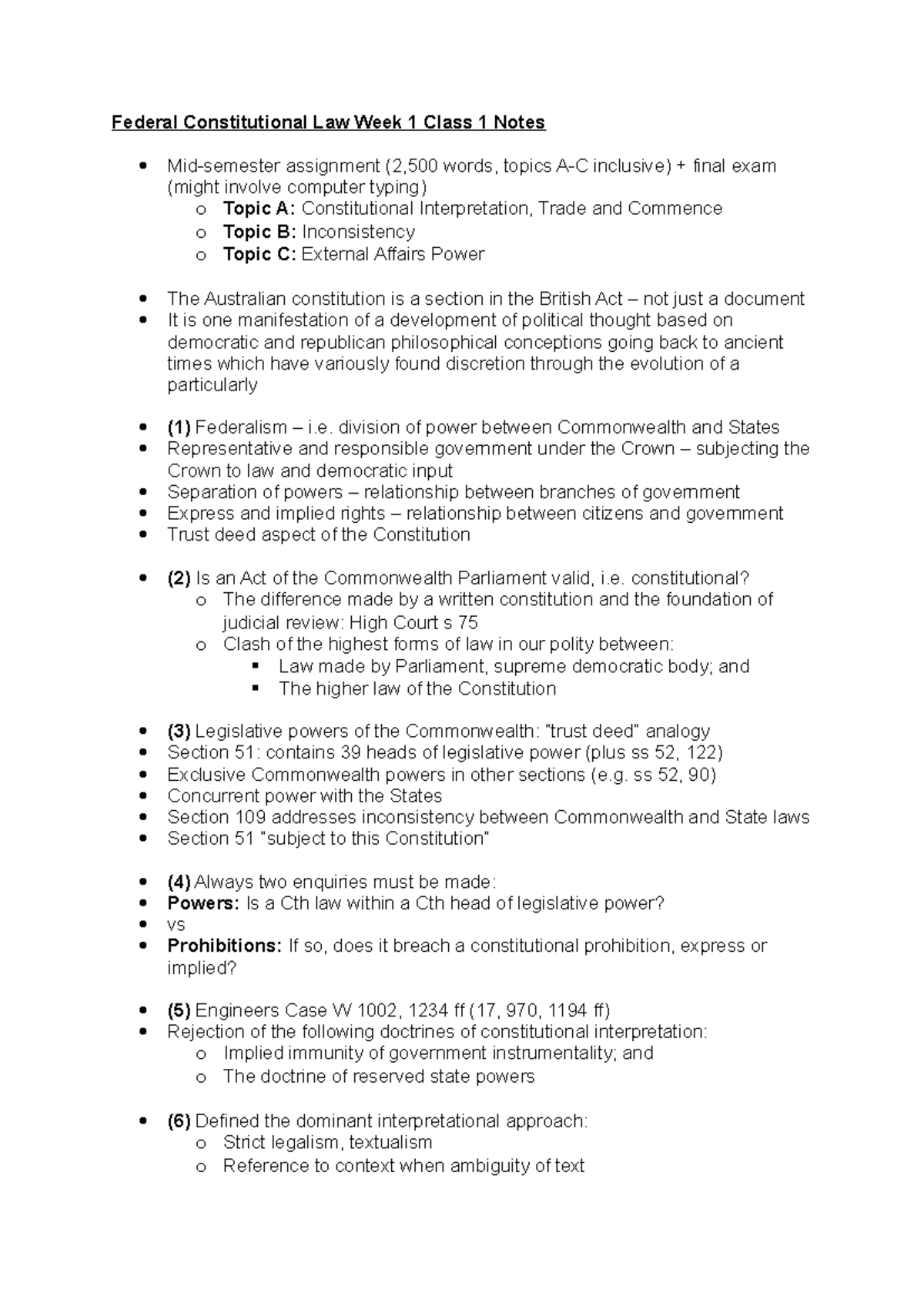 FedCon LAW 101 Week 1 Class Notes: Constitutional Principles & Topics ...