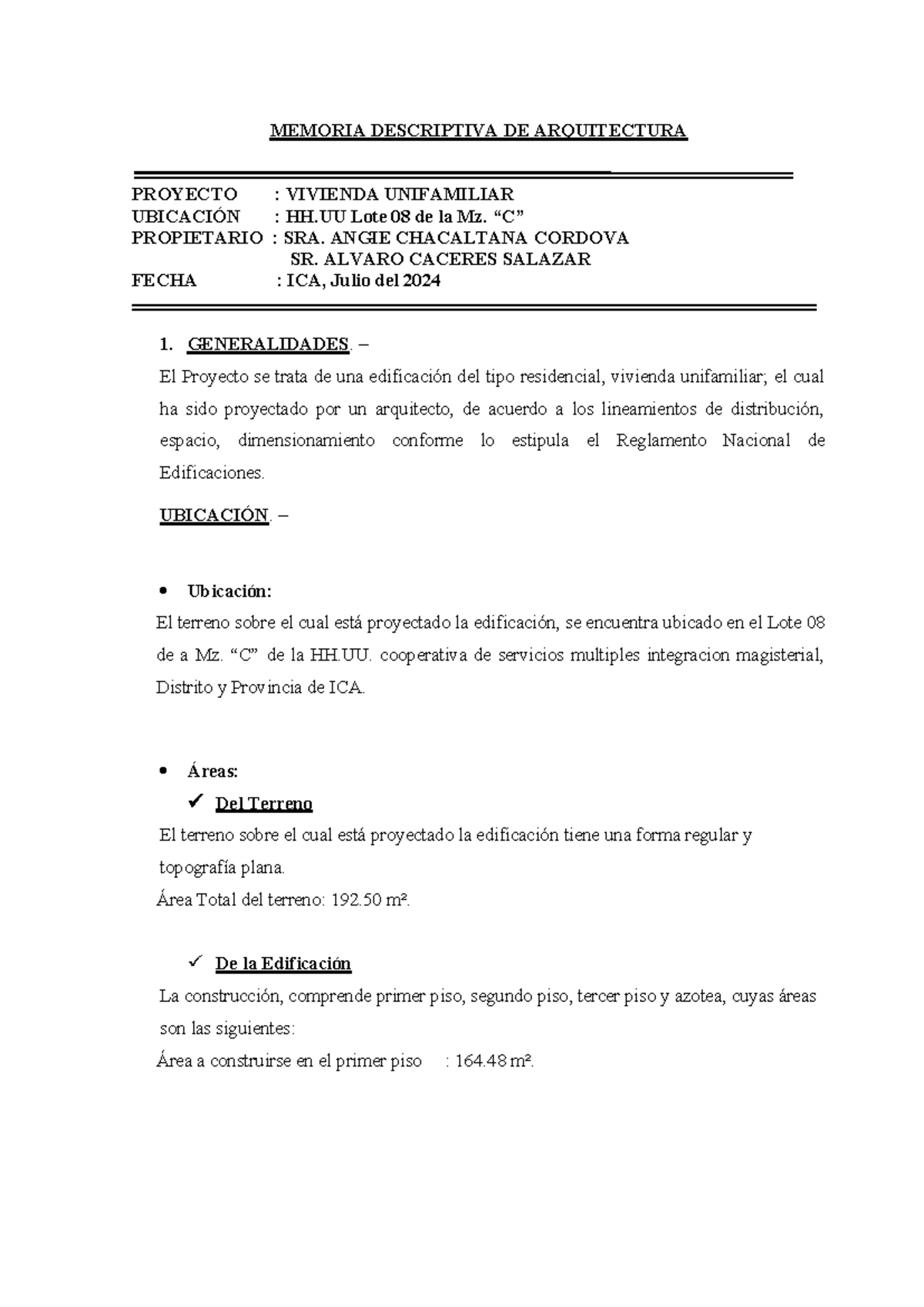 Memoria Descriptiva: Proyecto de Vivienda Unifamiliar en ICA 2024 - Studocu