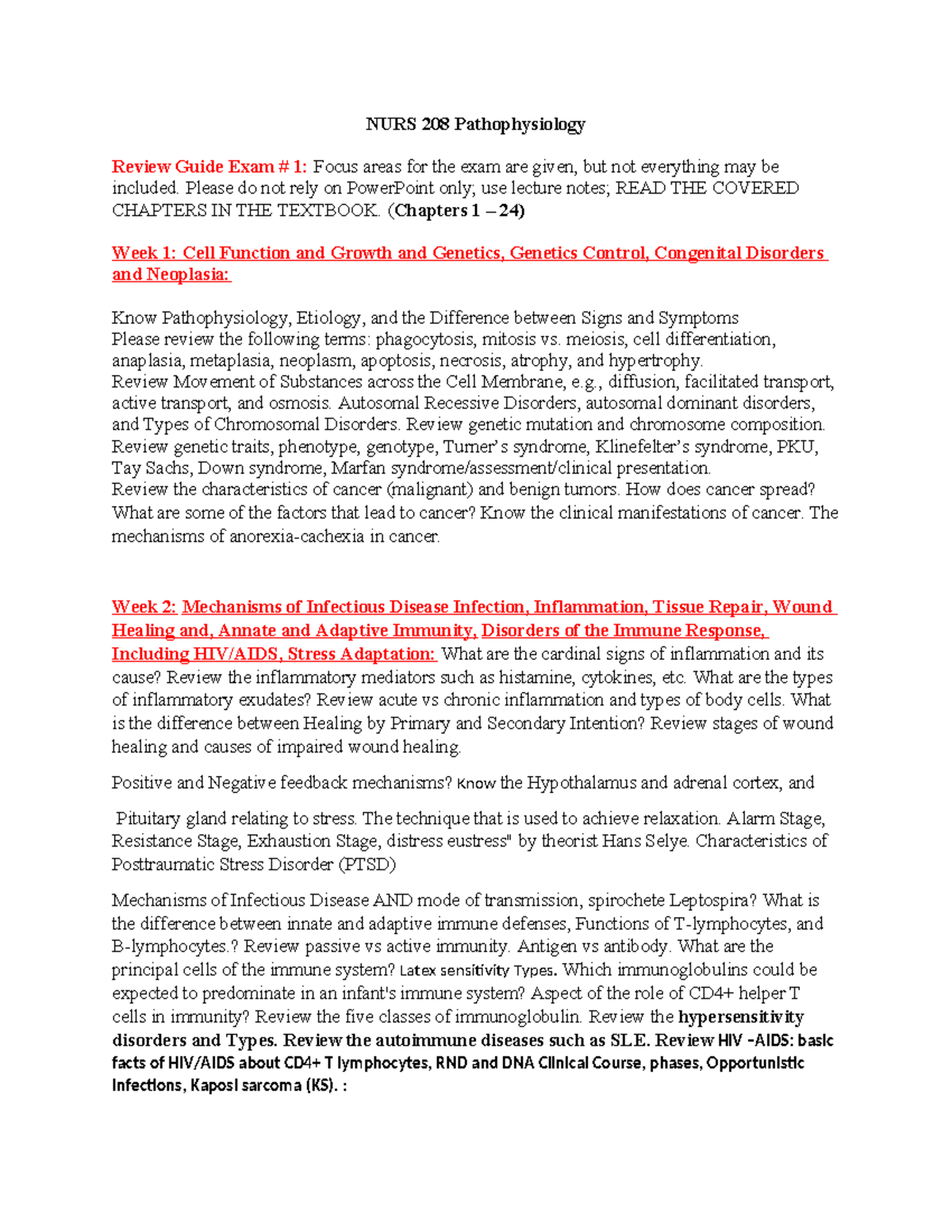 NURS 208 Pathophysiology Exam #1 Review Guide: Key Concepts and Areas ...