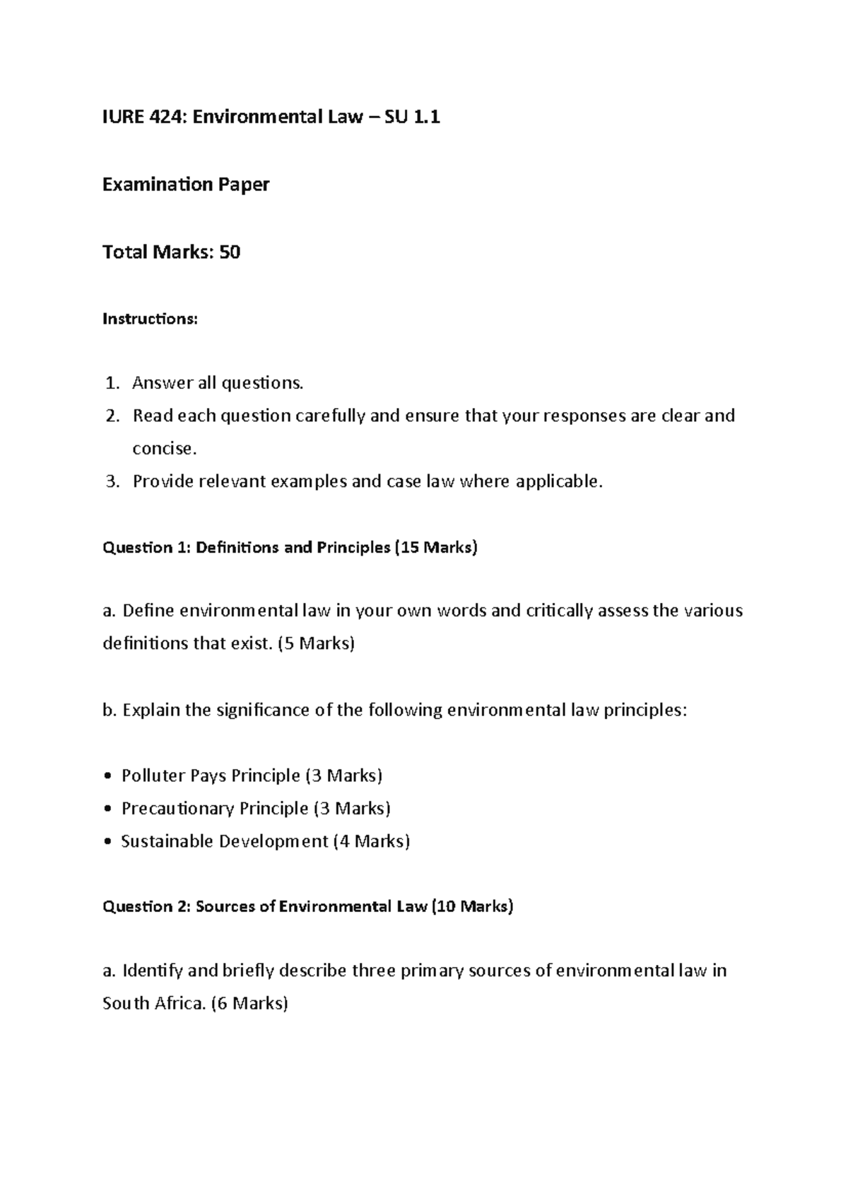 IURE 424: Comprehensive Exam Paper on Environmental Law - SU 1 to SU 3 ...