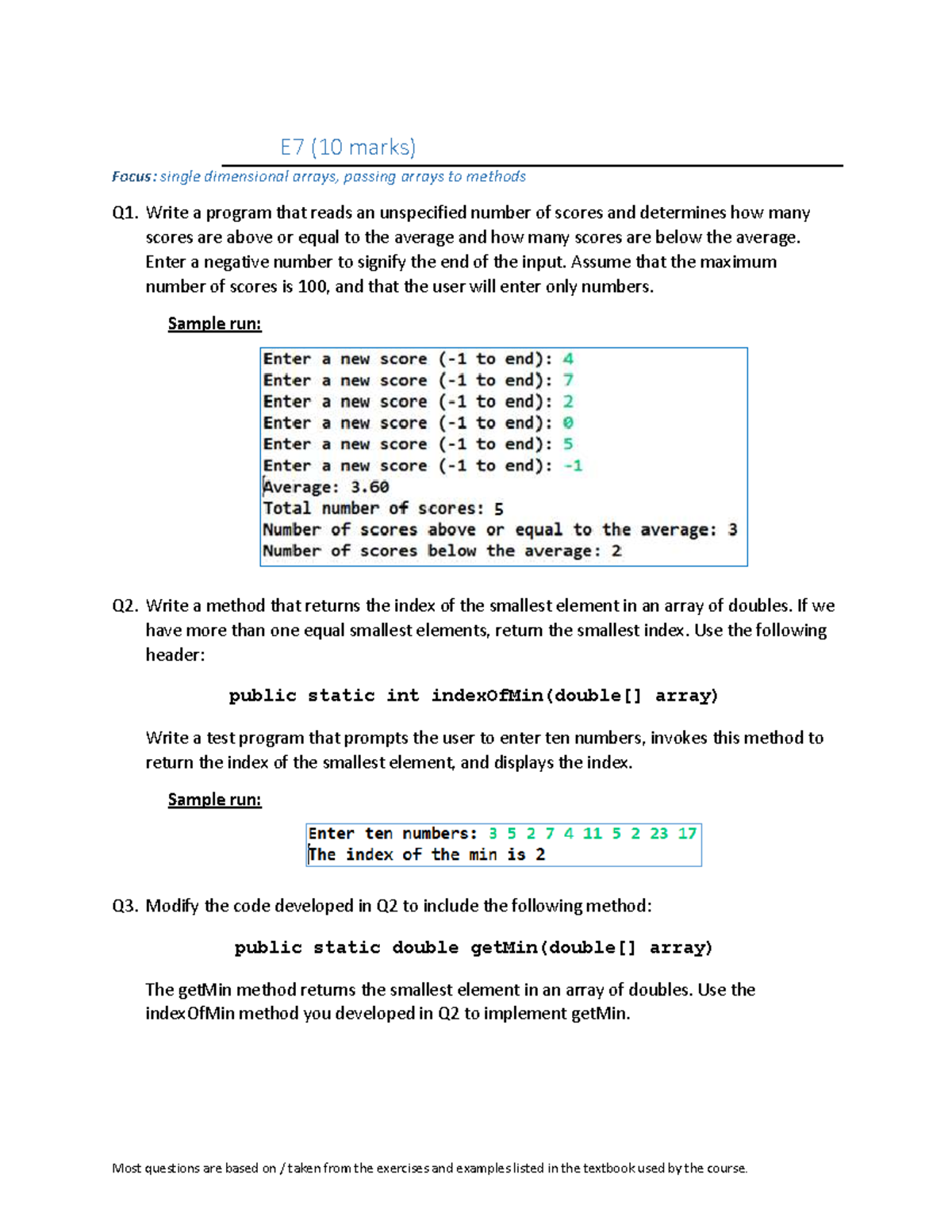 E7 - Single Dimensional Arrays & Methods Practice Questions - Studocu