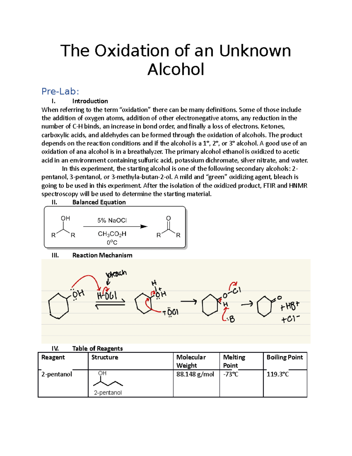 Oxidation of Unknown Alcohol - Pre-Lab Guide for CHEM 2212 Experiment ...