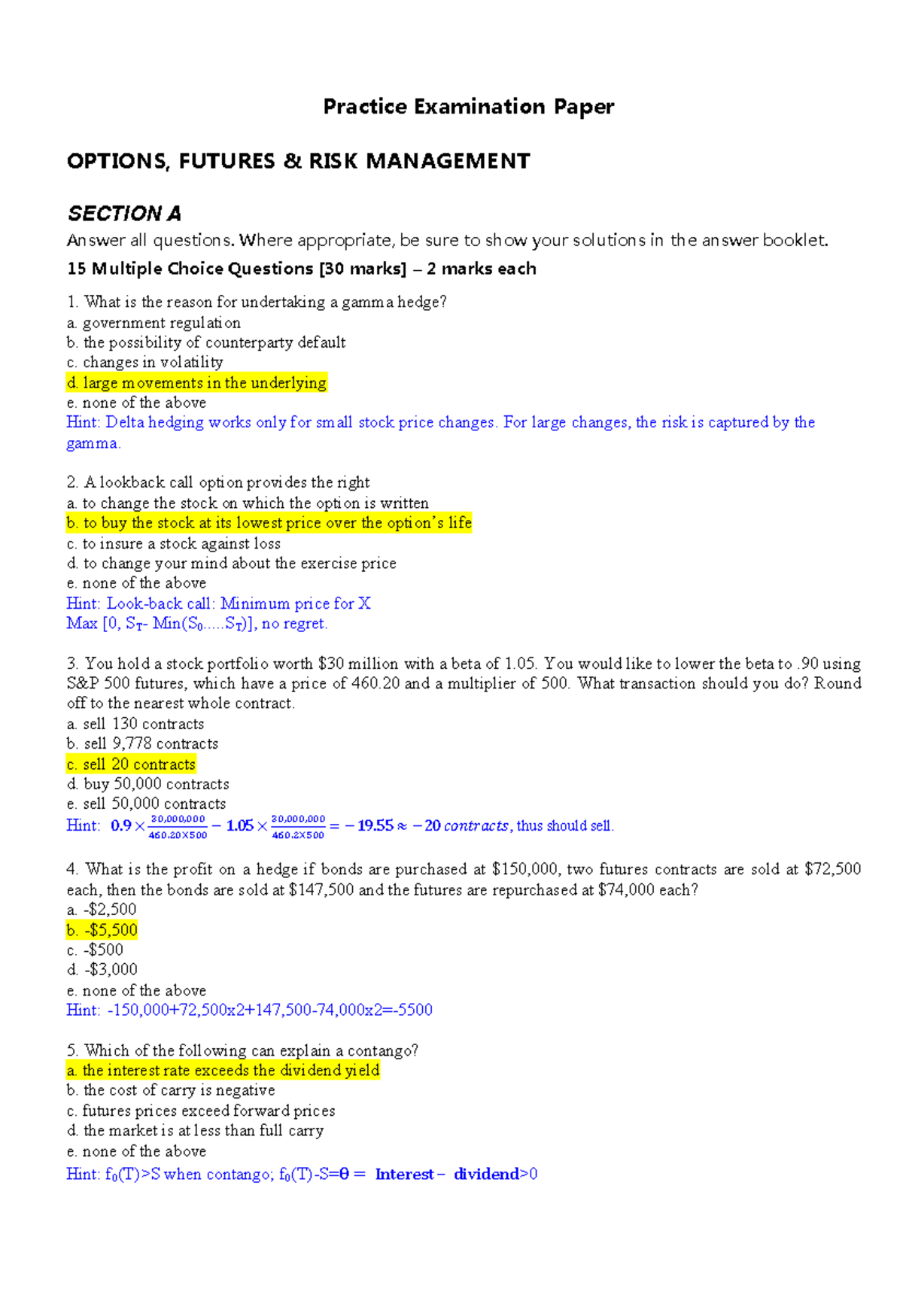 EXAM, questions and answers - Practice Examination Paper OPTIONS ...