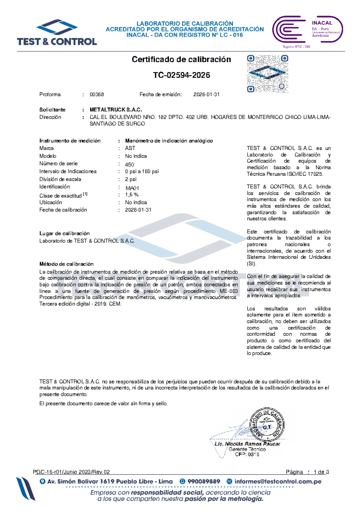 Certificado de Calibración TC-02594-2026 para Manómetro AST - Document Preview