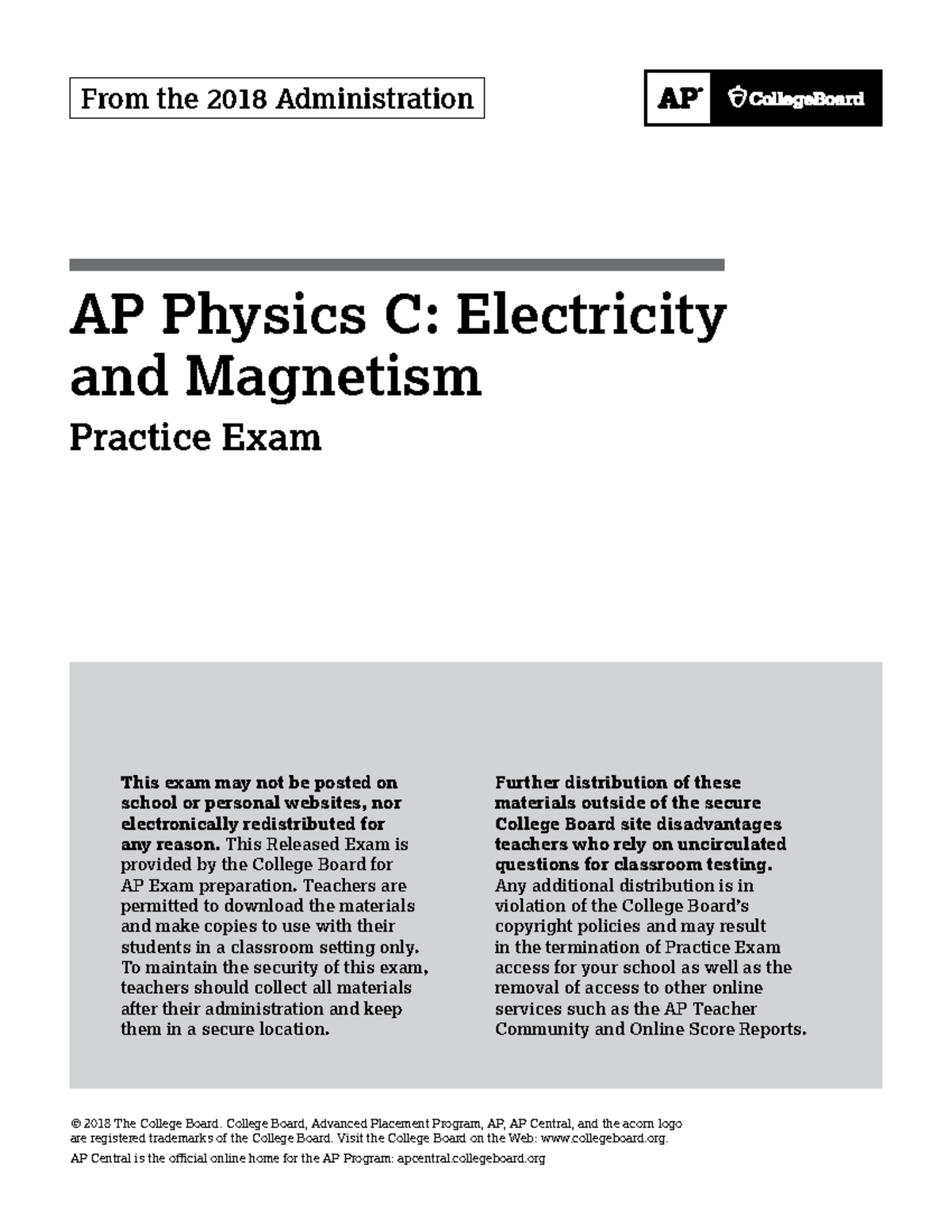 AP Physics C: Electricity & Magnetism 2018 Practice Exam Guide - Studocu