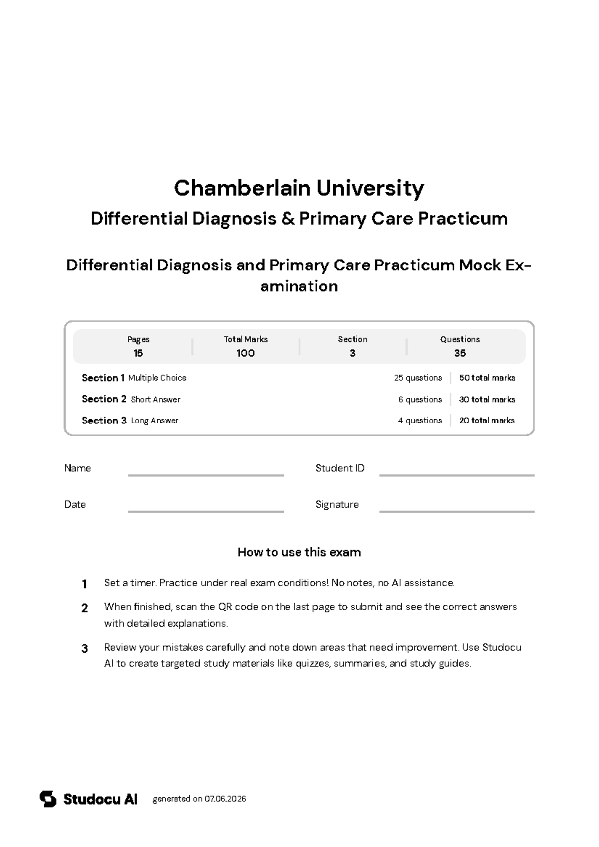 Differential Diagnosis & Primary Care Practicum Mock Exam - Studocu