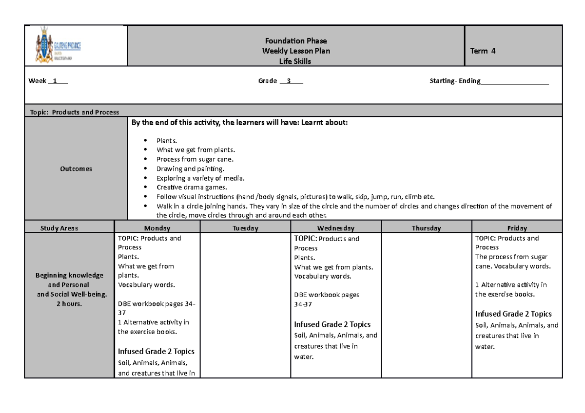 LIFE Skills Lesson Plans for Grade 3 - WEEK 1 Activities - Studocu