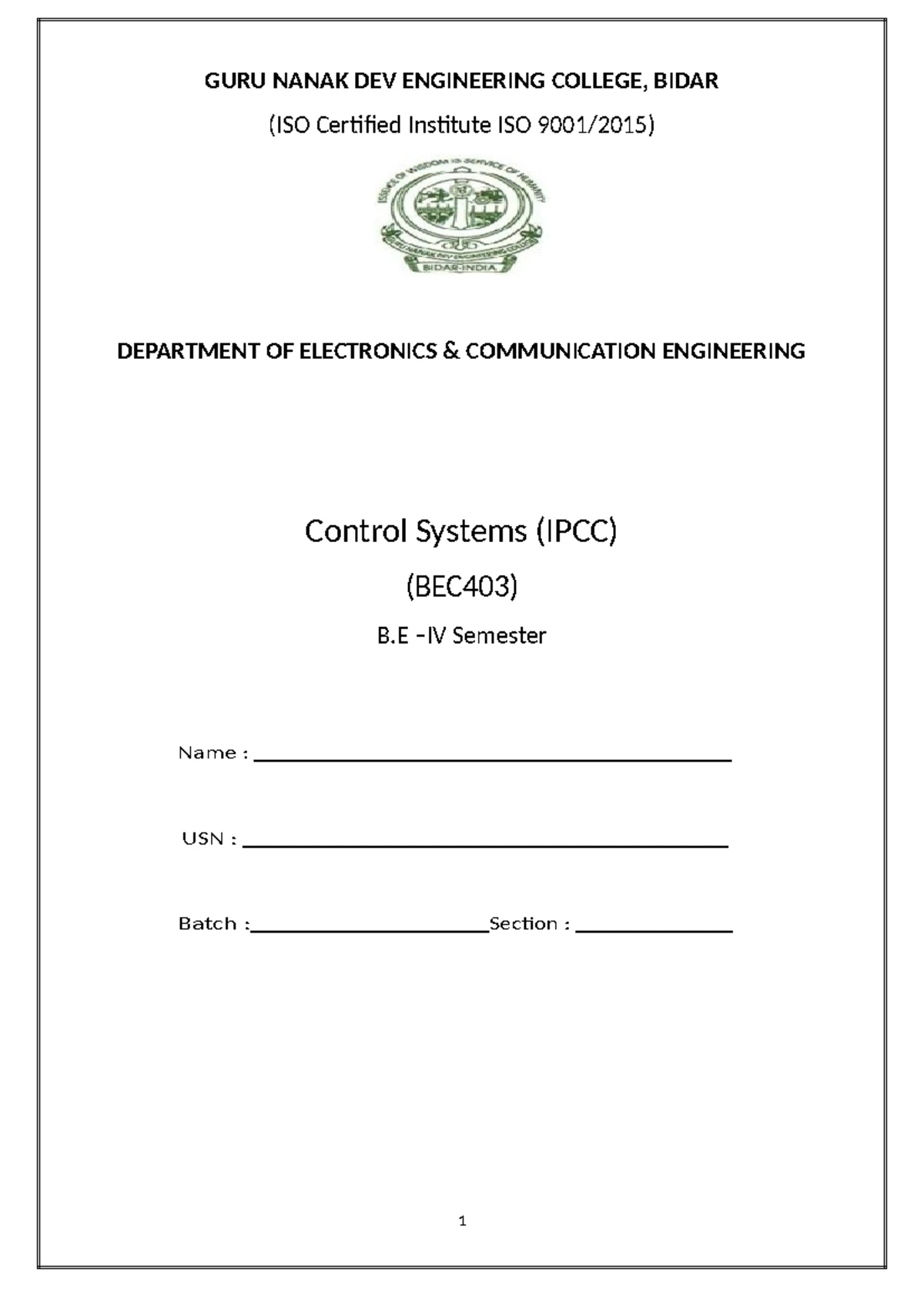 Control Systems Lab Manual (BEC403) - Guru Nanak Dev Engineering ...