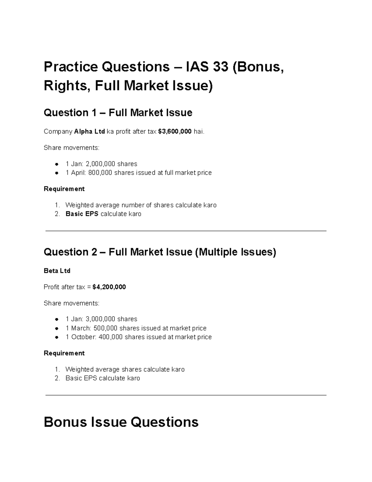EPS Questions Practice for IAS 33 (Bonus, Rights, Market Issues) - Studocu
