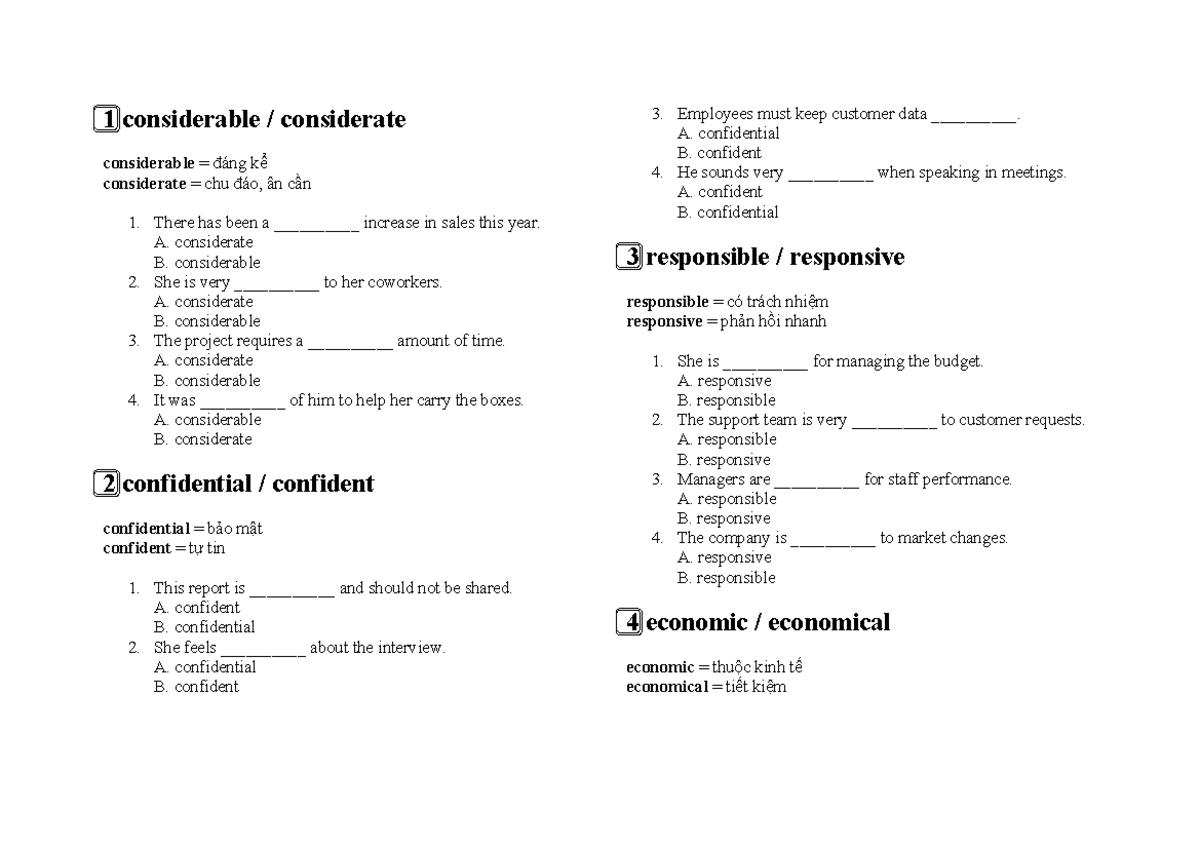 TA - Considerable vs. Considerate: Vocabulary Exercises - Studocu