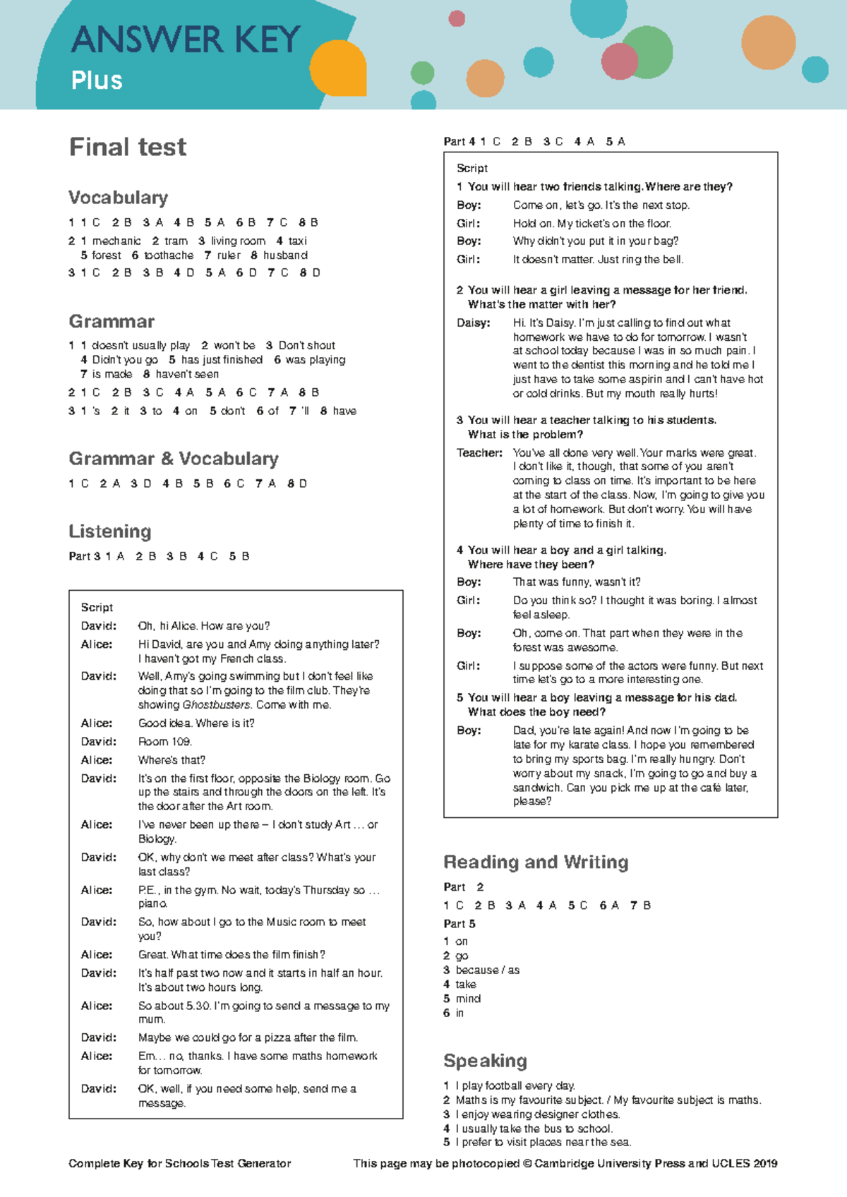 KFS-FT-P Final Test Answer Key - Vocabulary, Grammar, and Listening ...
