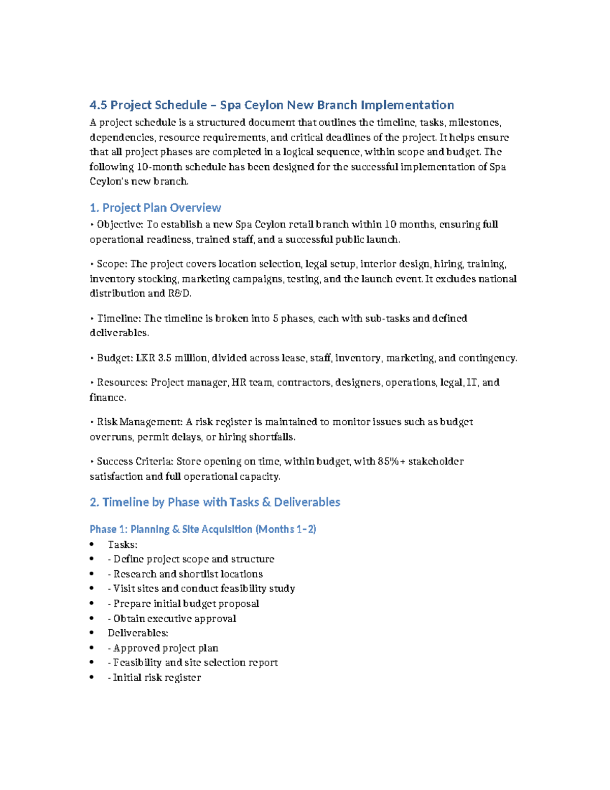 4.5 Project Schedule for Spa Ceylon New Branch Implementation - Studocu