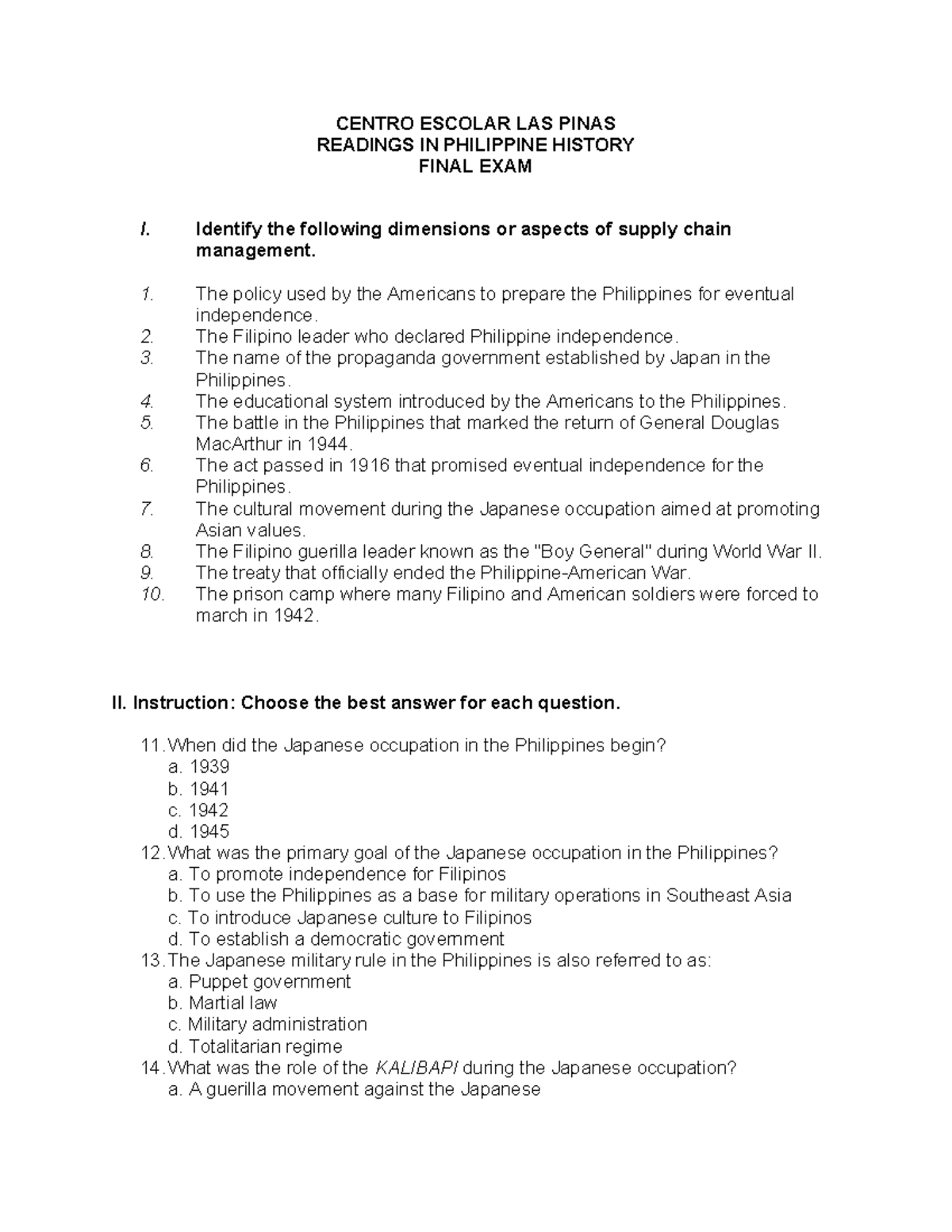 History 101: Final Exam Study Guide on Philippine History - Studocu