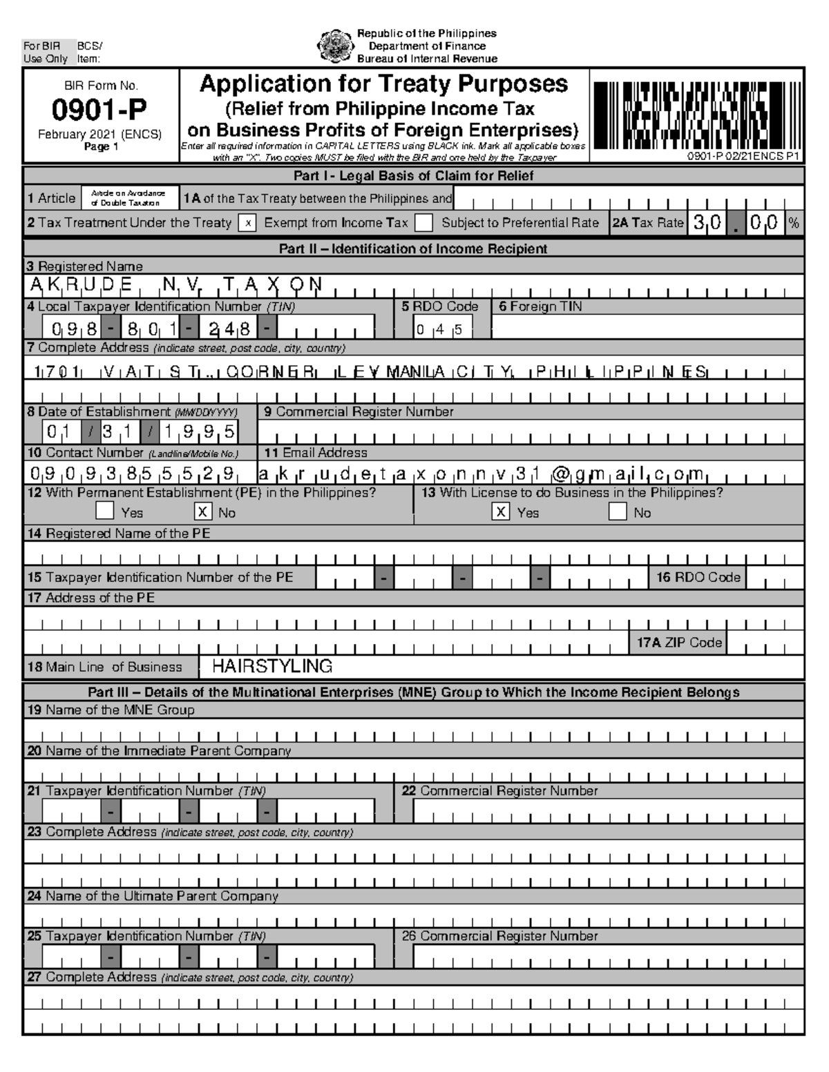 BIR Form 0901-P: Application for Treaty Relief on Foreign Business ...