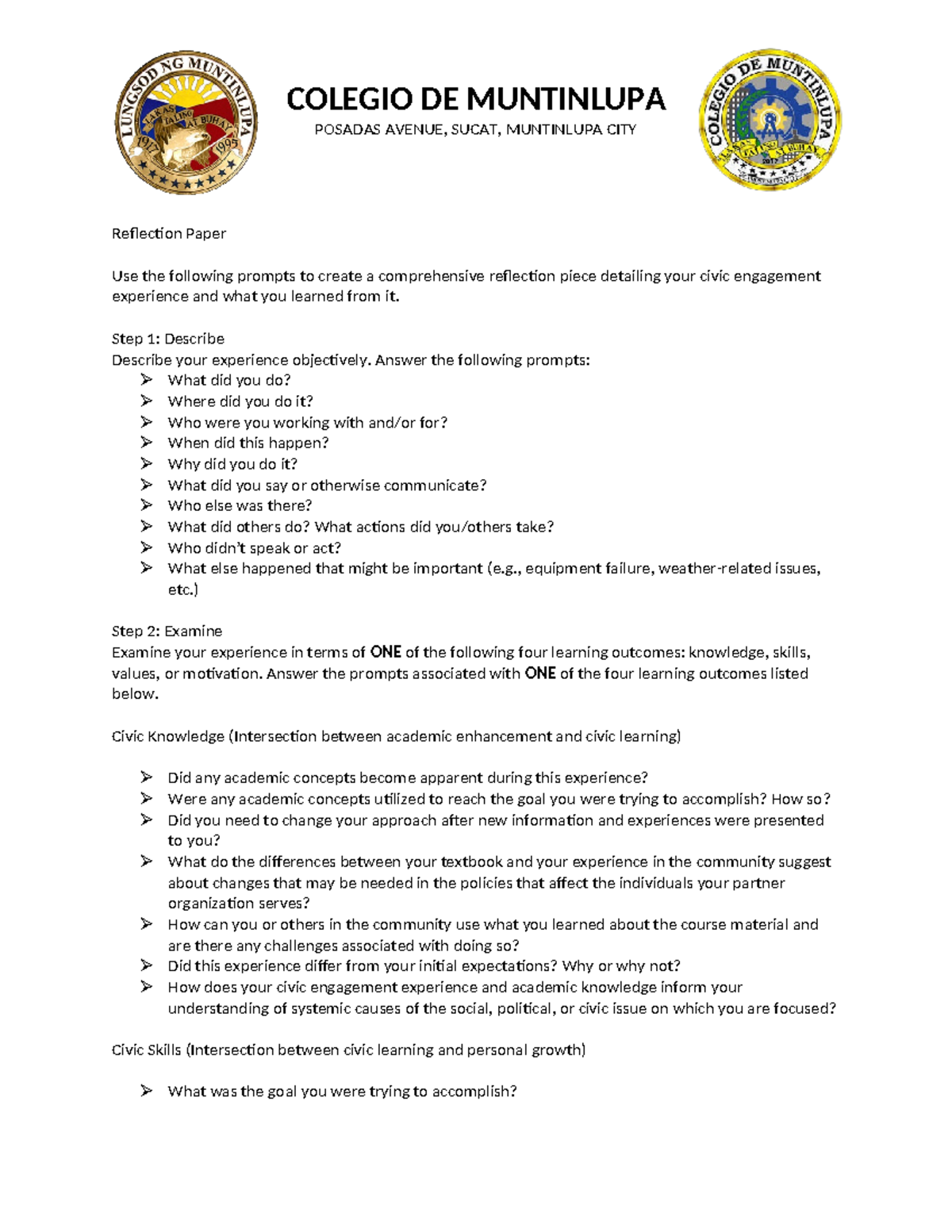 Reflection Paper Template - POSADAS AVENUE, SUCAT, MUNTINLUPA CITY ...