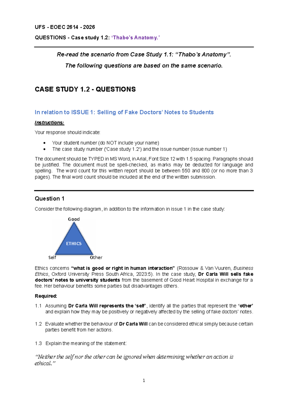 2026 UFS EOEC 2614 Case Study 1.2: Ethical Issues & Questions - Studocu