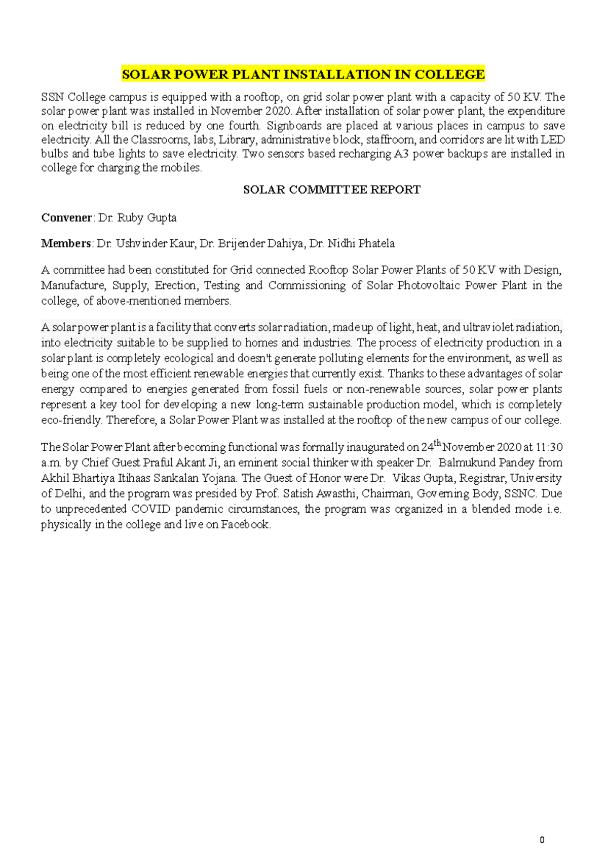 SSN College Solar Power Plant Installation Report and Benefits - Studocu