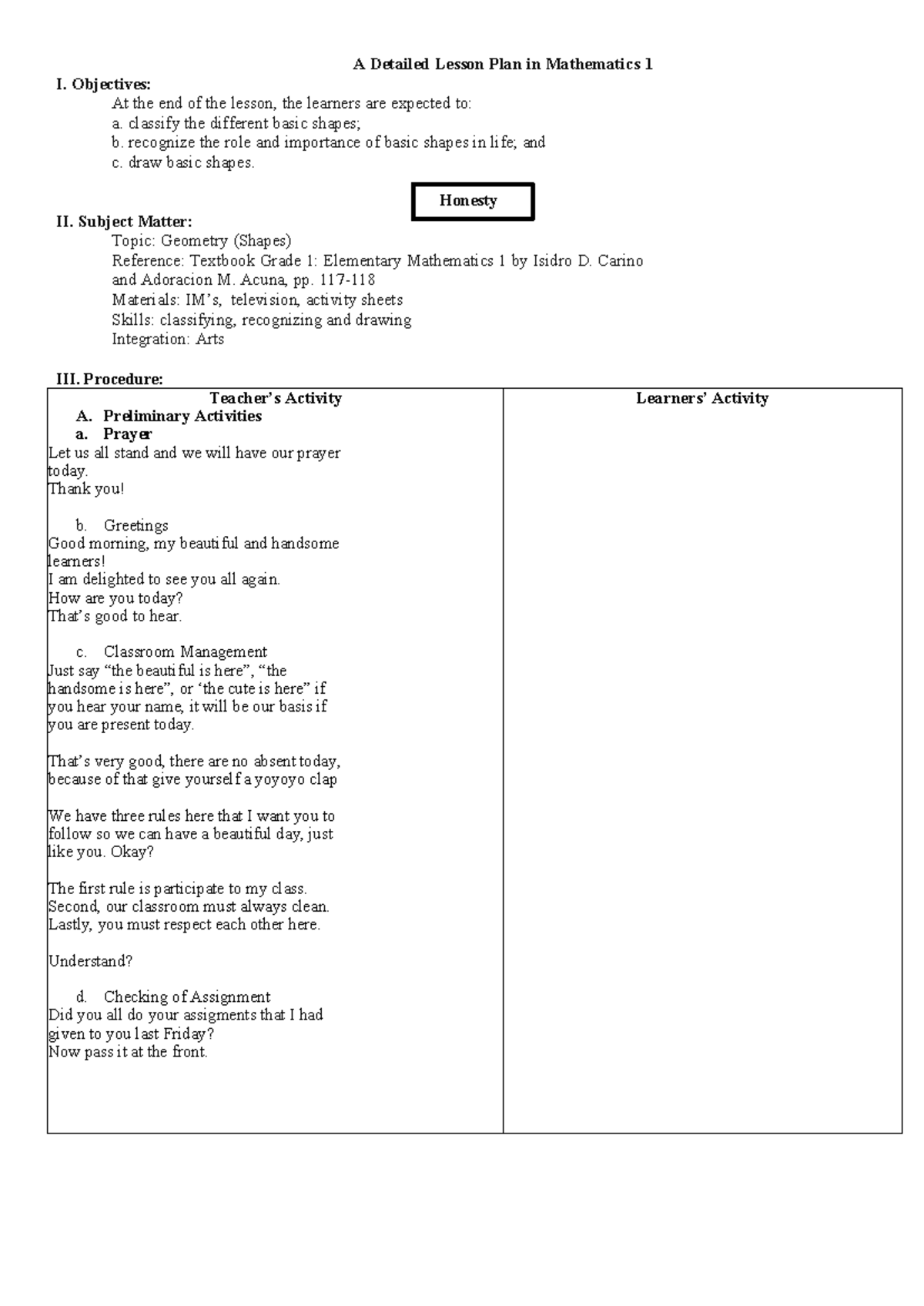 Mathematics 1 Detailed Lesson Plan: Exploring Basic Shapes - Studocu