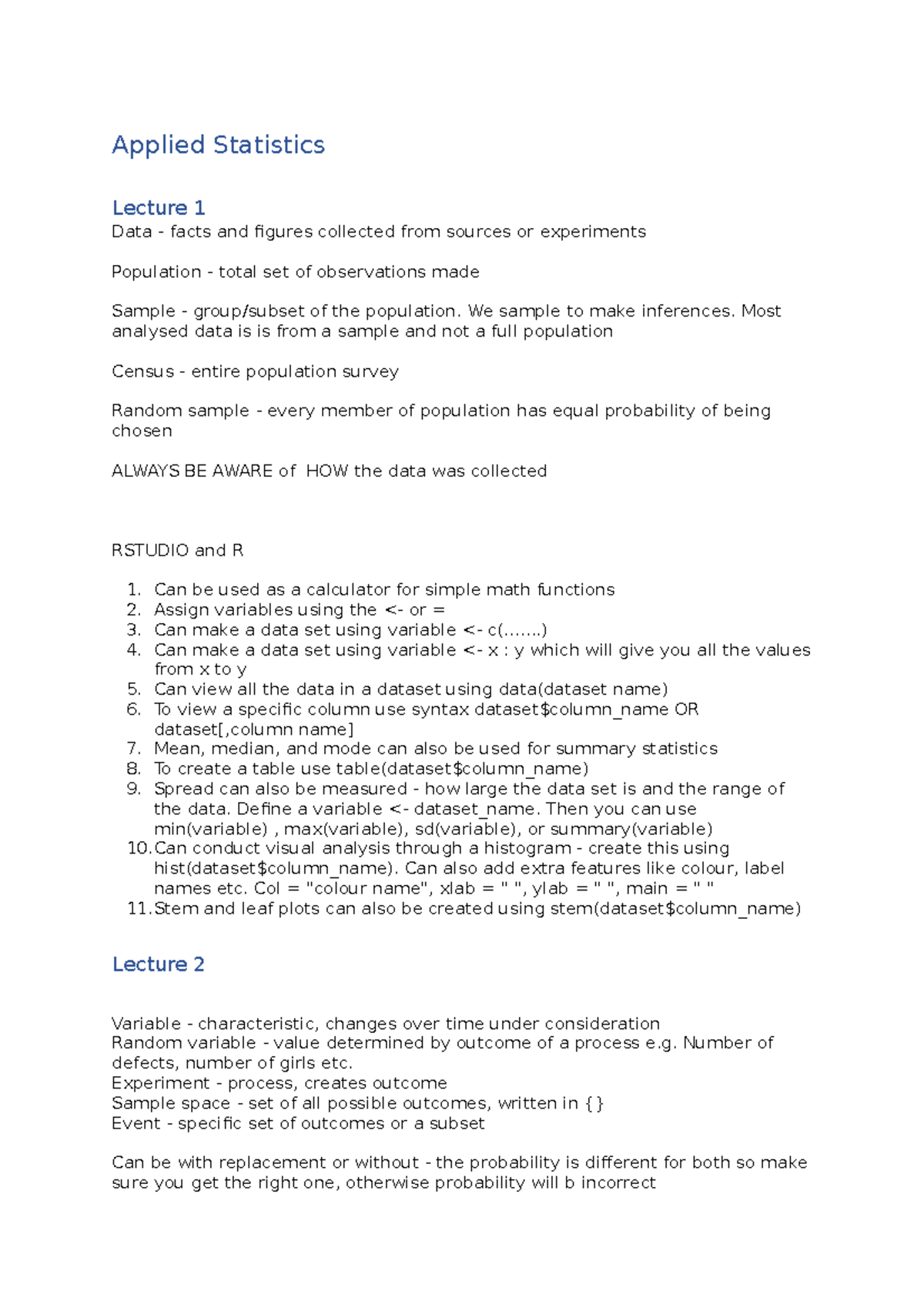 Applied Statistics - Lecture Notes 1 to 10 Overview - Studocu