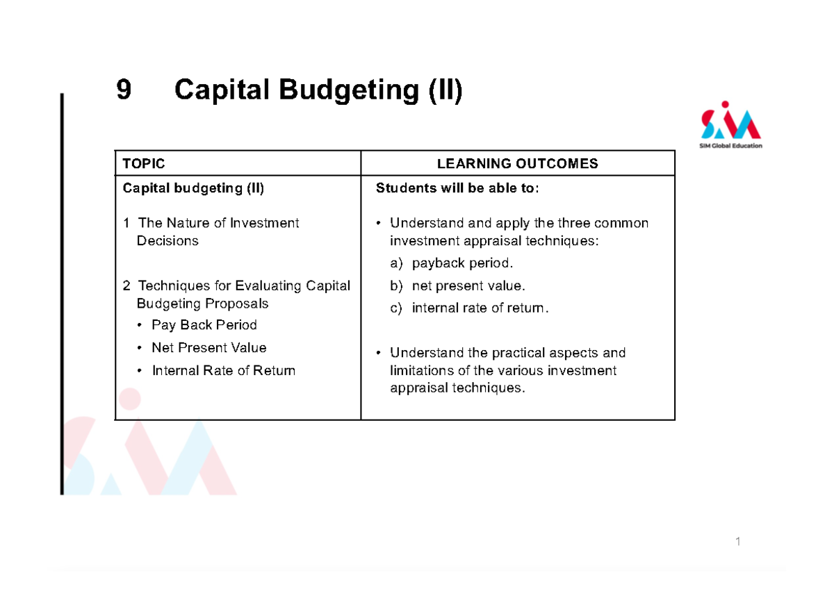 FIN2101 Lecture 9 slides updated - 9 Capital Budgeting (II) TOPIC ...