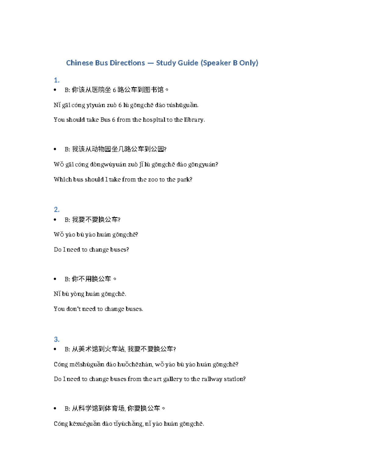 Chinese Bus Directions Study Guide (Speaker B Focus) - Studocu