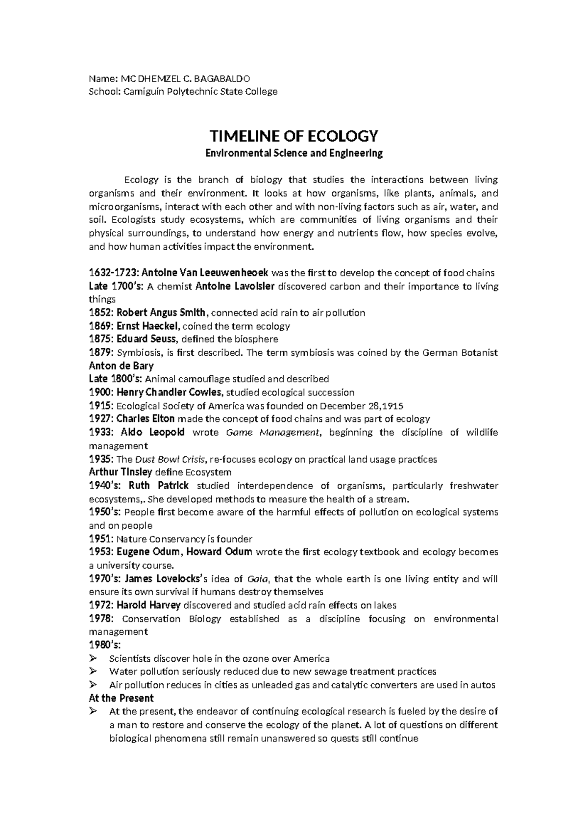 Ecology Timeline - Bagabaldo - Name: MC DHEMZEL C. BAGABALDO School ...