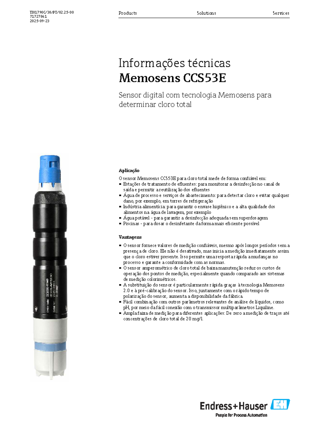 Sensor de Cloro Total Memosens CCS53E - TI01790 CPT 0225-00 - Studocu