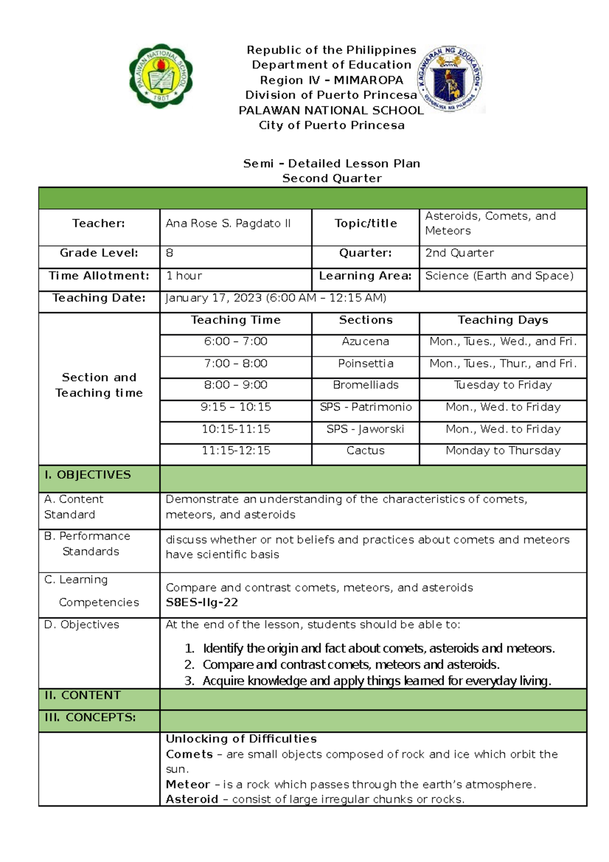 Science 8 Lesson Plan: Exploring Asteroids, Comets, & Meteors (Q2 W7 ...