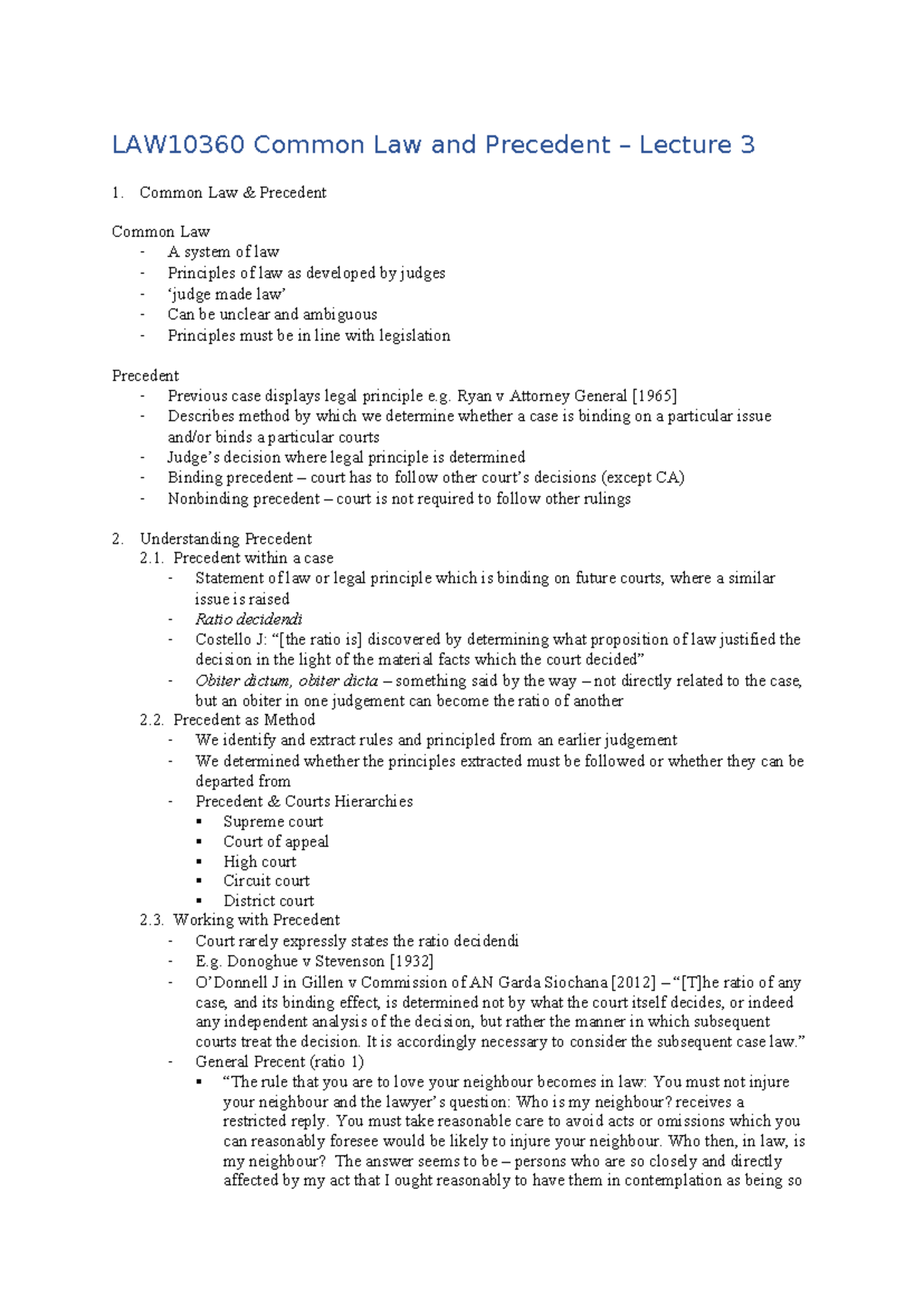 LAW10360 Common Law and Precedent – Lecture 3 Overview and Key Concepts ...