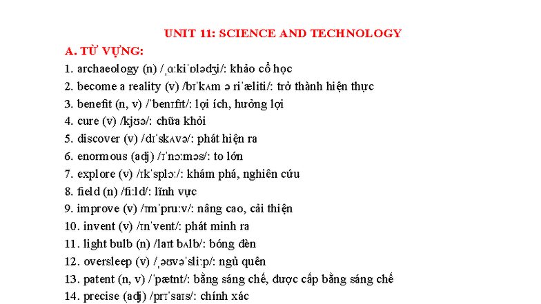 UNIT 11: SCIENCE AND TECHNOLOGY - Vocabulary and Grammar Exercises (E8 ...
