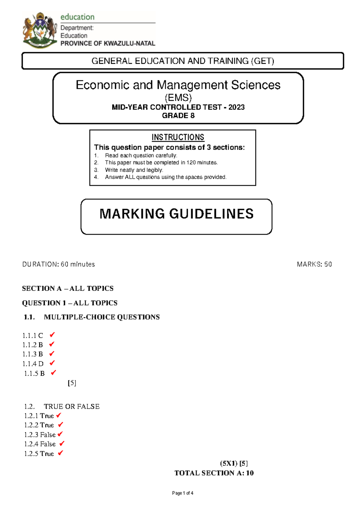 EMS 2023 Grade 8 Mid-Year Controlled Test Marking Guidelines - Paper 2 ...