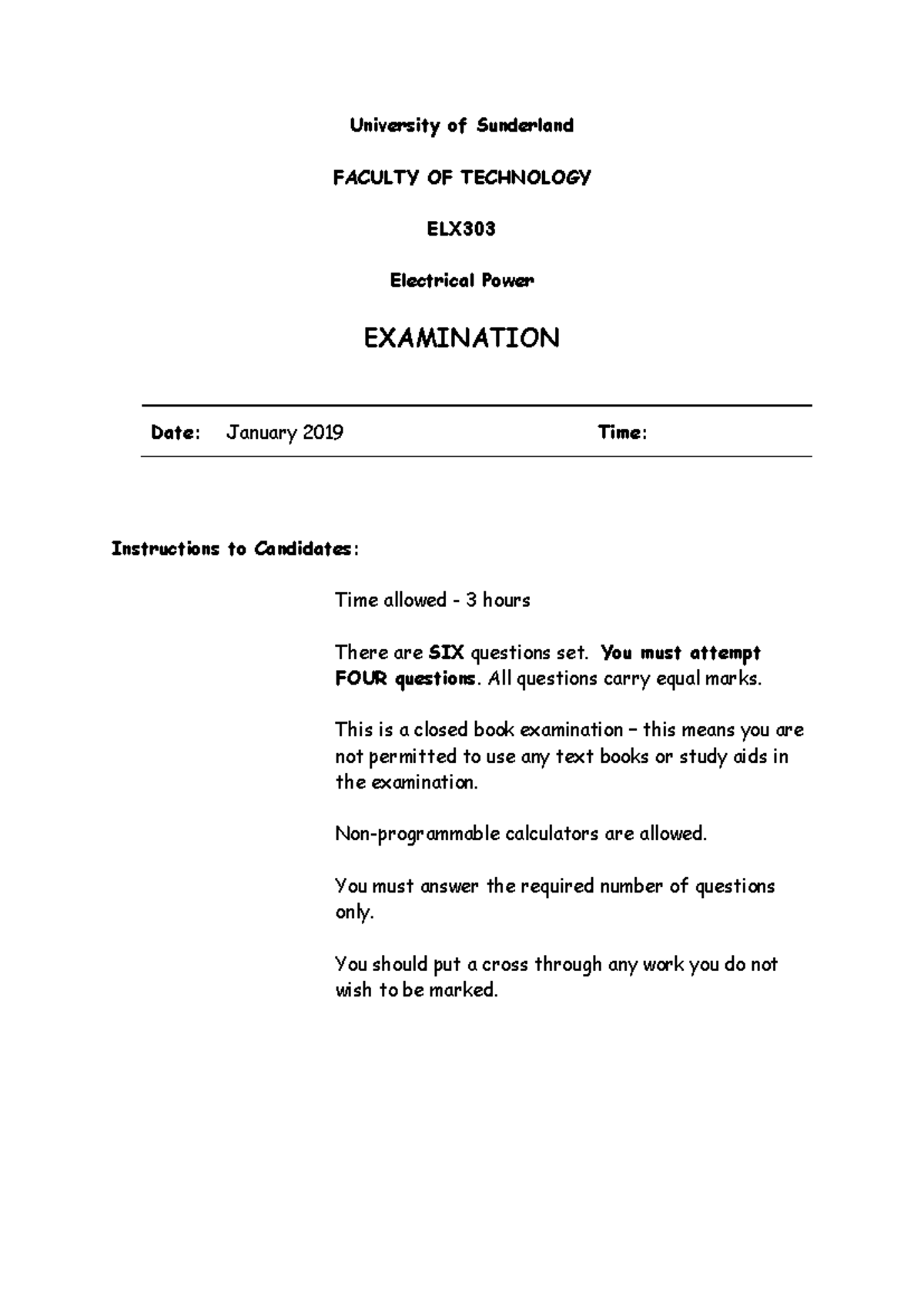 ELX303 - Electrical Power - Past Exam Paper - January 2019 - University ...