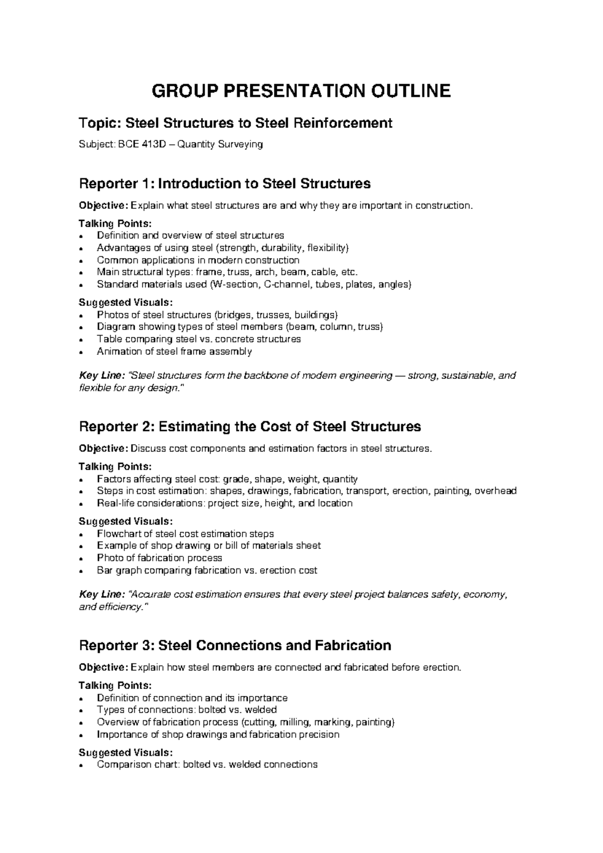 BCE 413D Group Presentation Outline: Steel Structures & Reinforcement ...