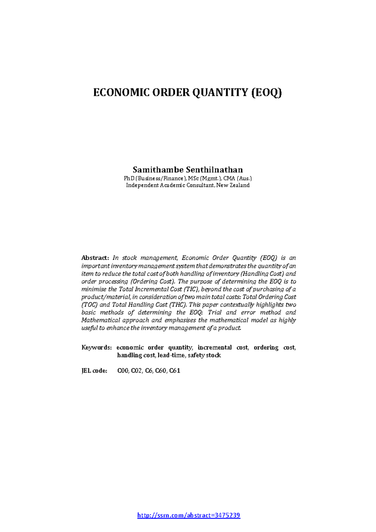 ECON 101: Economic Order Quantity (EOQ) Analysis and Methods - Studocu