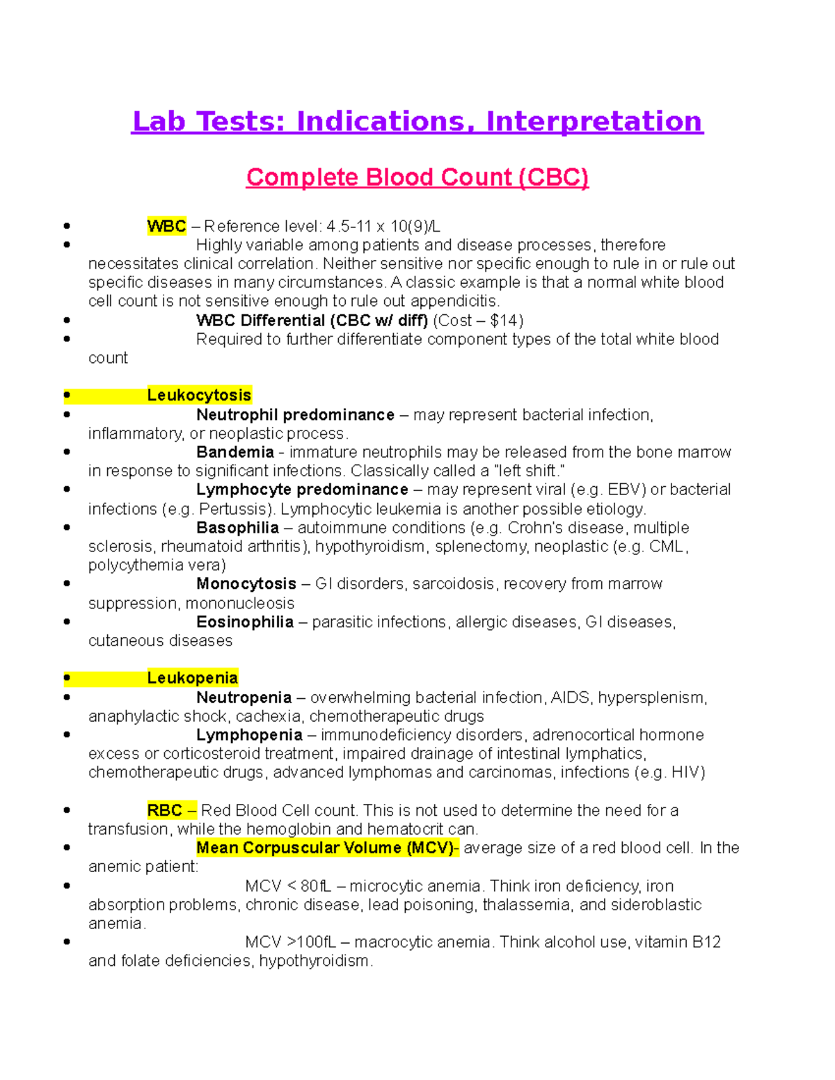 Common ER Laboratory Tests: Notes and Interpretations - Studocu