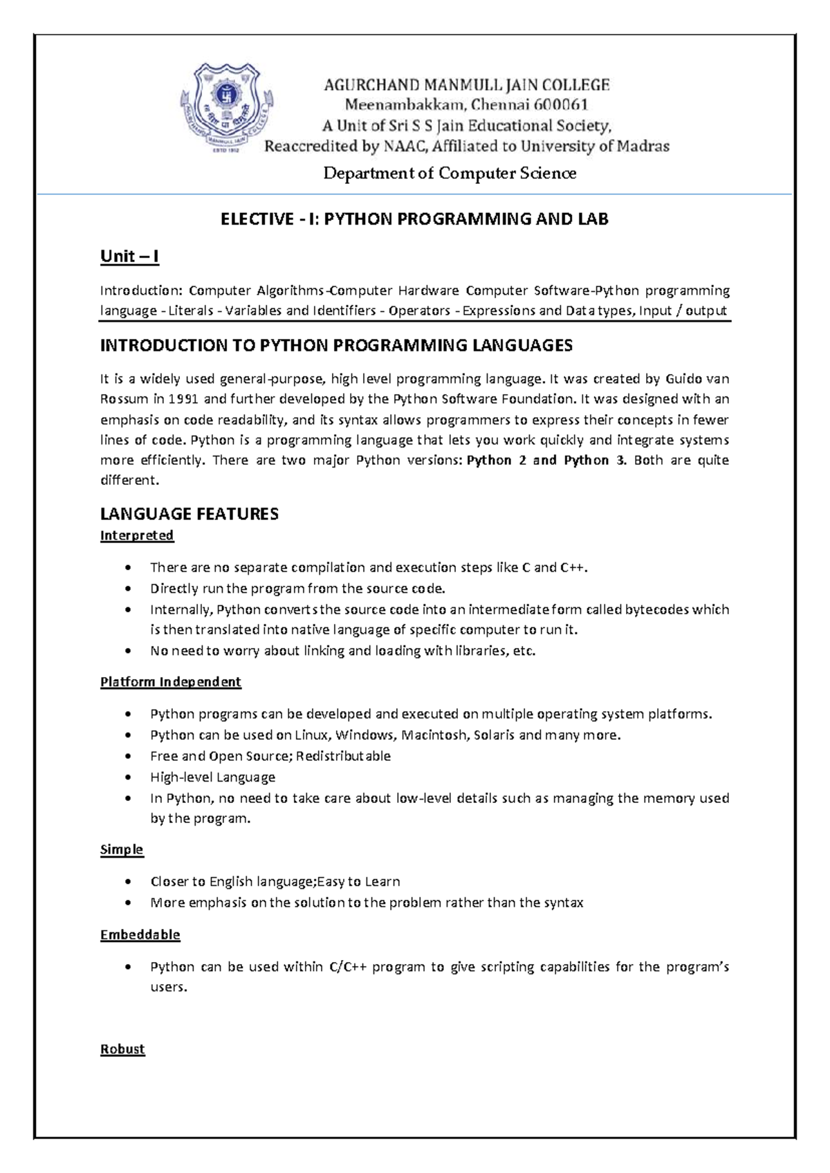 Python Programming and Lab (Elective I) - Unit I Overview - Studocu
