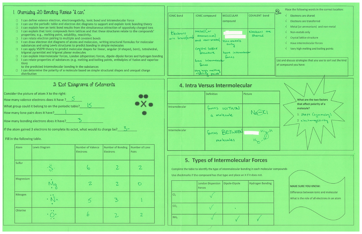 Bonding Placemat Key - Practice booklet - I. Chemistry 20 Bonding ...