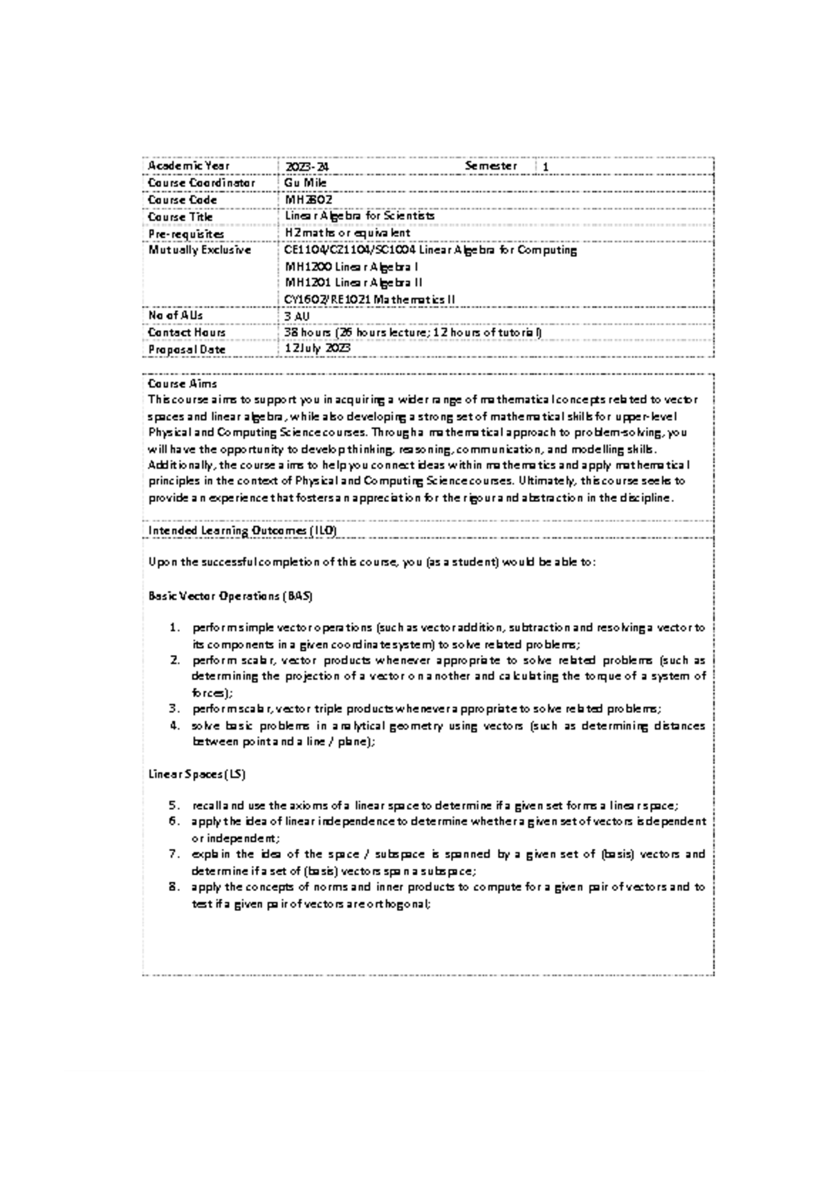 MH2802 Linear Algebra for Scientists: Course Syllabus and Overview ...