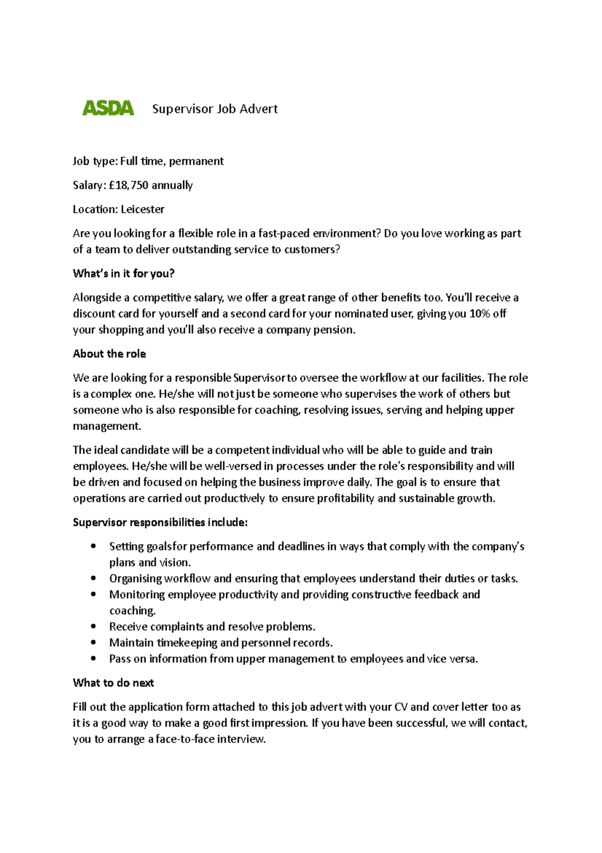 Asda Supervisor Job Advert - Full Time, Permanent Role in Leicester ...