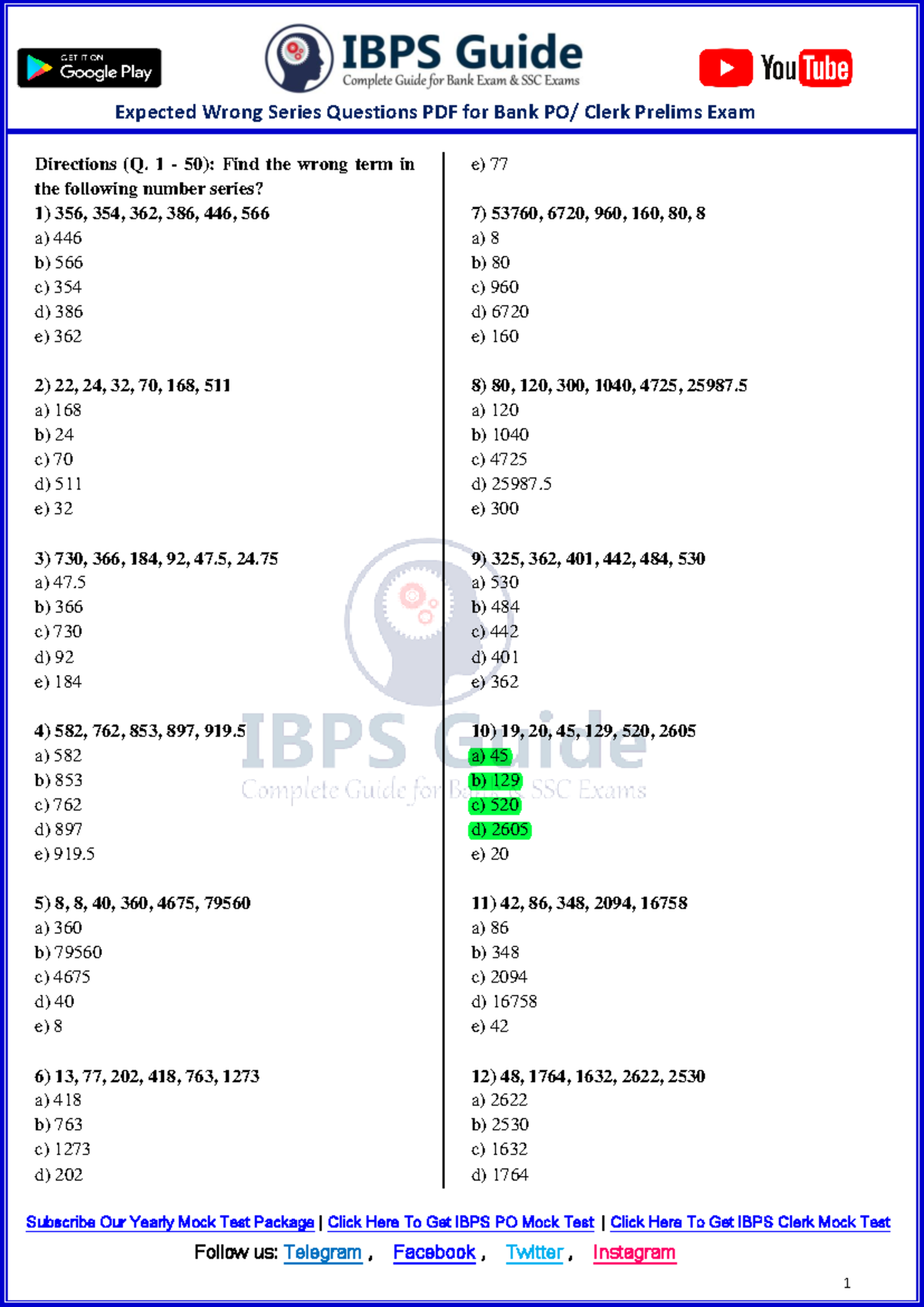 Expected Wrong Series Questions for IBPS PO & Clerk Prelims 2019 PDF ...