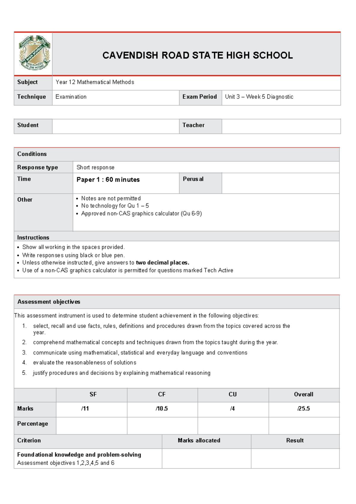 Y12 Math Methods Unit 3 Term 1 Diagnostic Exam Review - Studocu