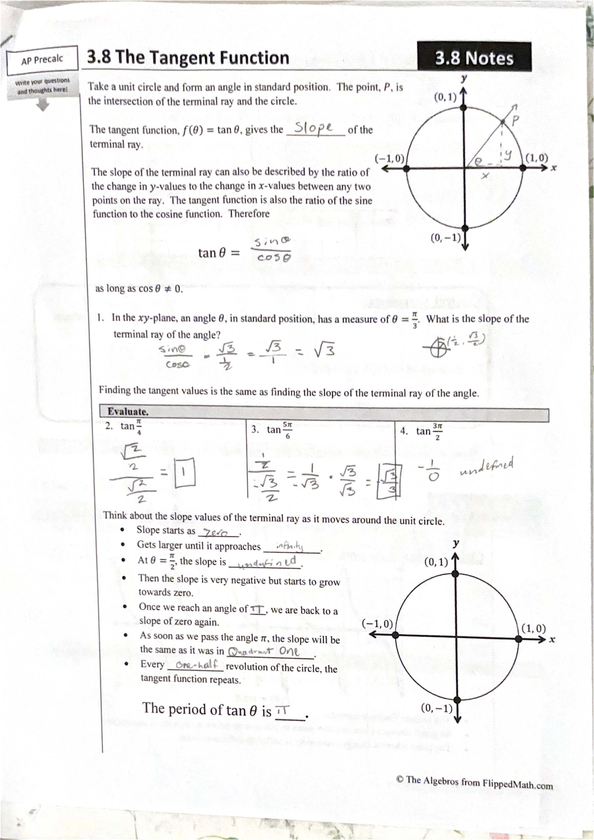 AP Precalc - 3.8 The Tangent Function - The point, P. is the ...