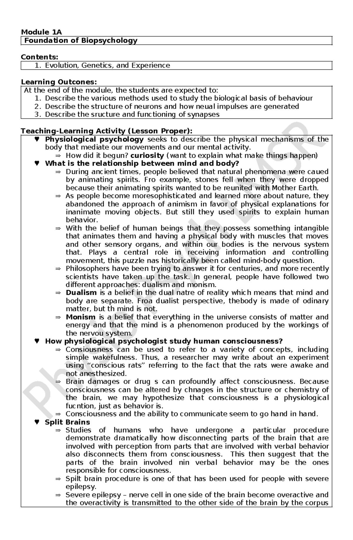 Module 1A: Foundations of Biopsychology Lecture Notes - Studocu