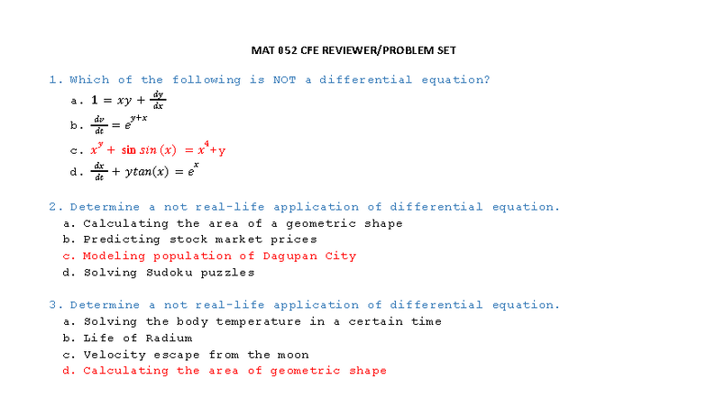 MAT 052 CFE SET 1: Differential Equations and Applications - Studocu