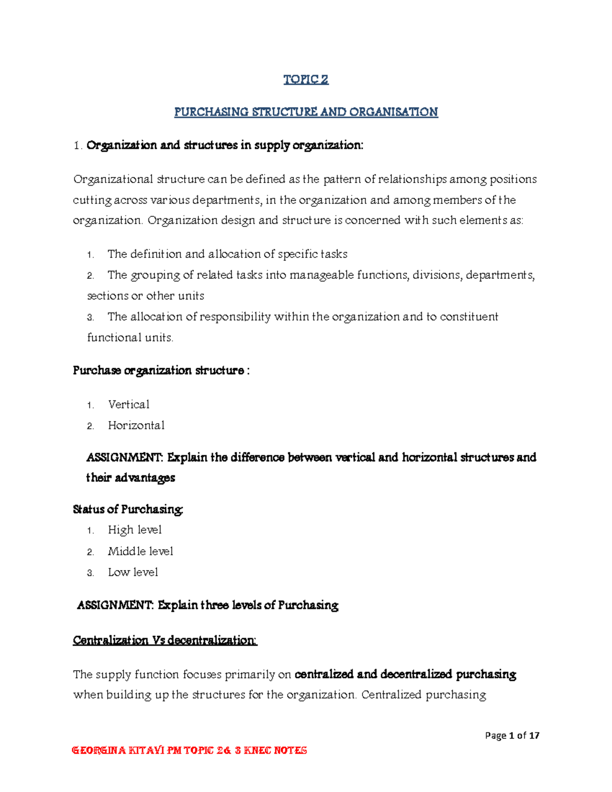 Purchasing Structure and Organization: KNEC PM Topic 2 Notes - Studocu